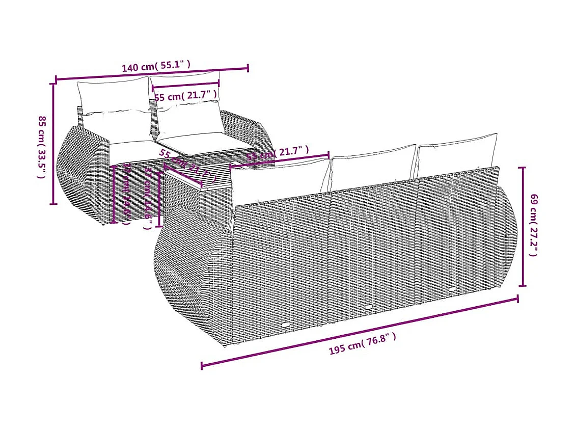 6-delige Loungeset met kussens poly rattan beige