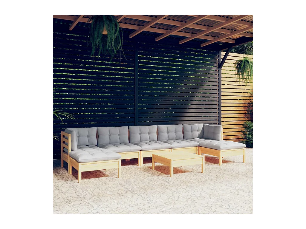 Juego de muebles de jardín 8 piezas y cojines madera pino gris
