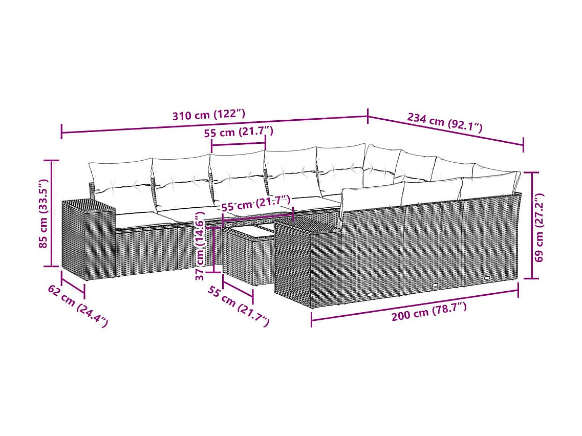 Salon de jardin 11 pièces avec coussins beige résine tressée