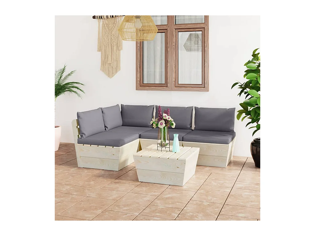 Salon de jardin palette 5 pièces avec coussins Épicéa imprégné