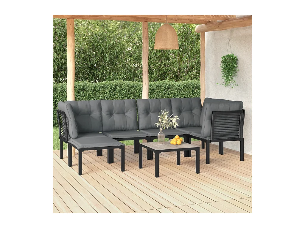7 peças conjunto lounge de jardim vime PE preto e cinzento