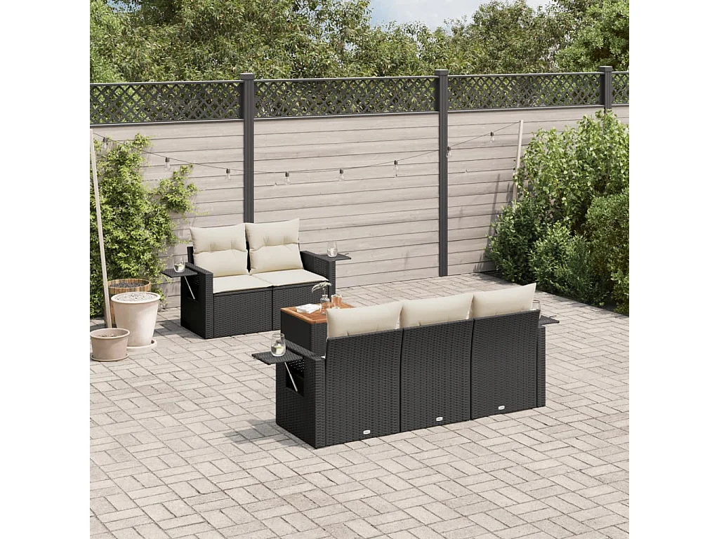 6-delige Loungeset met kussens poly rattan zwart