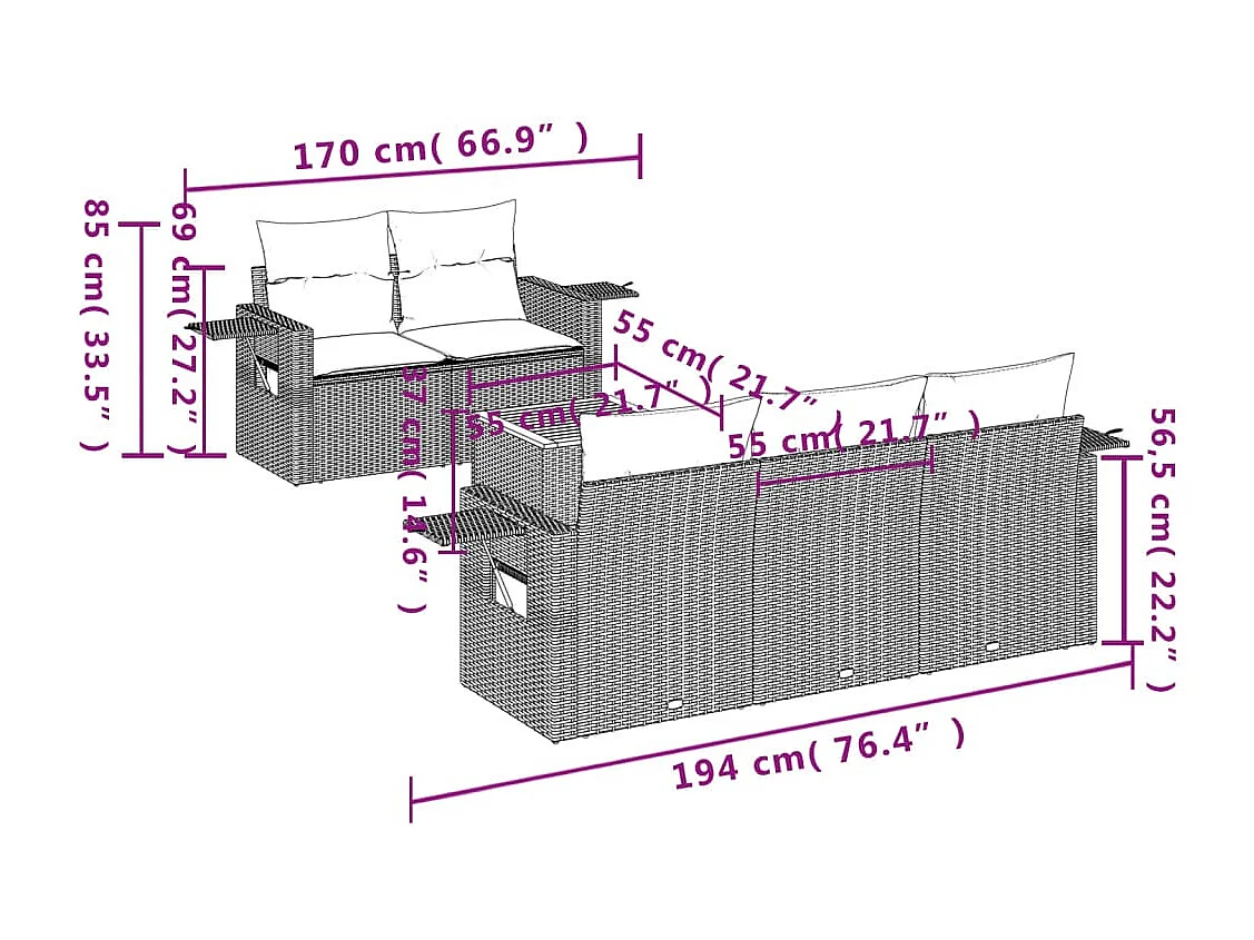 6-delige Loungeset met kussens poly rattan zwart