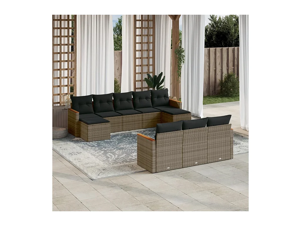 Salon de jardin avec coussins 10 pièces gris résine tressée