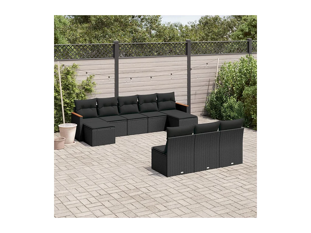 10-delige Loungeset met kussens poly rattan zwart