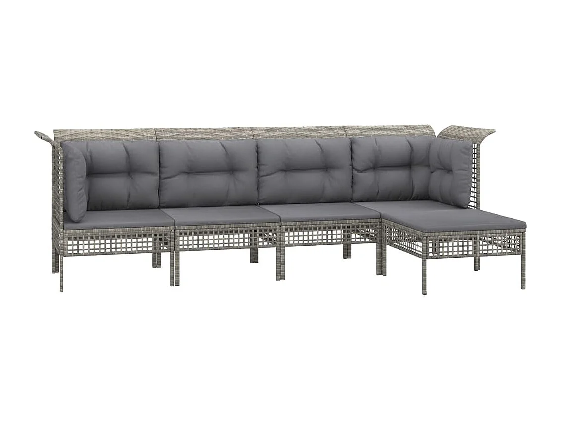 Set de muebles de jardín 5 piezas y cojines ratán sintético gris
