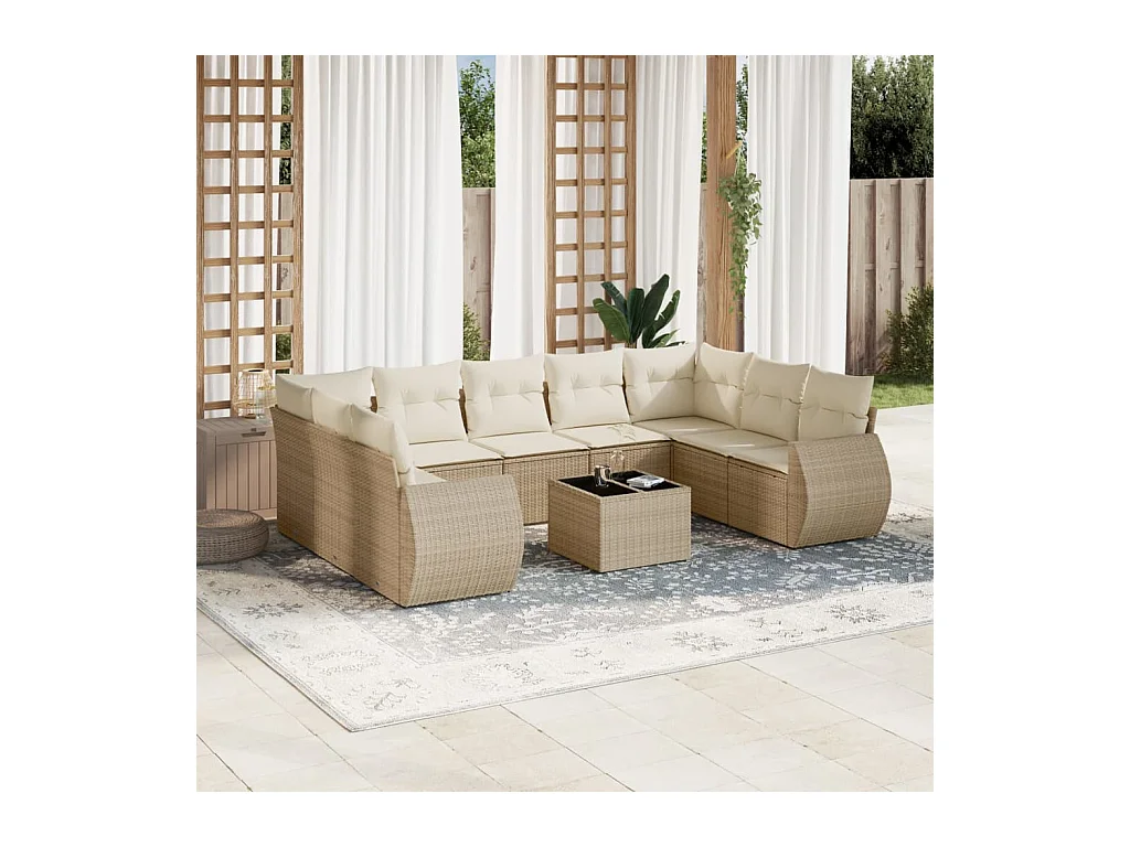 Salon de jardin avec coussins 10 pièces beige résine tressée