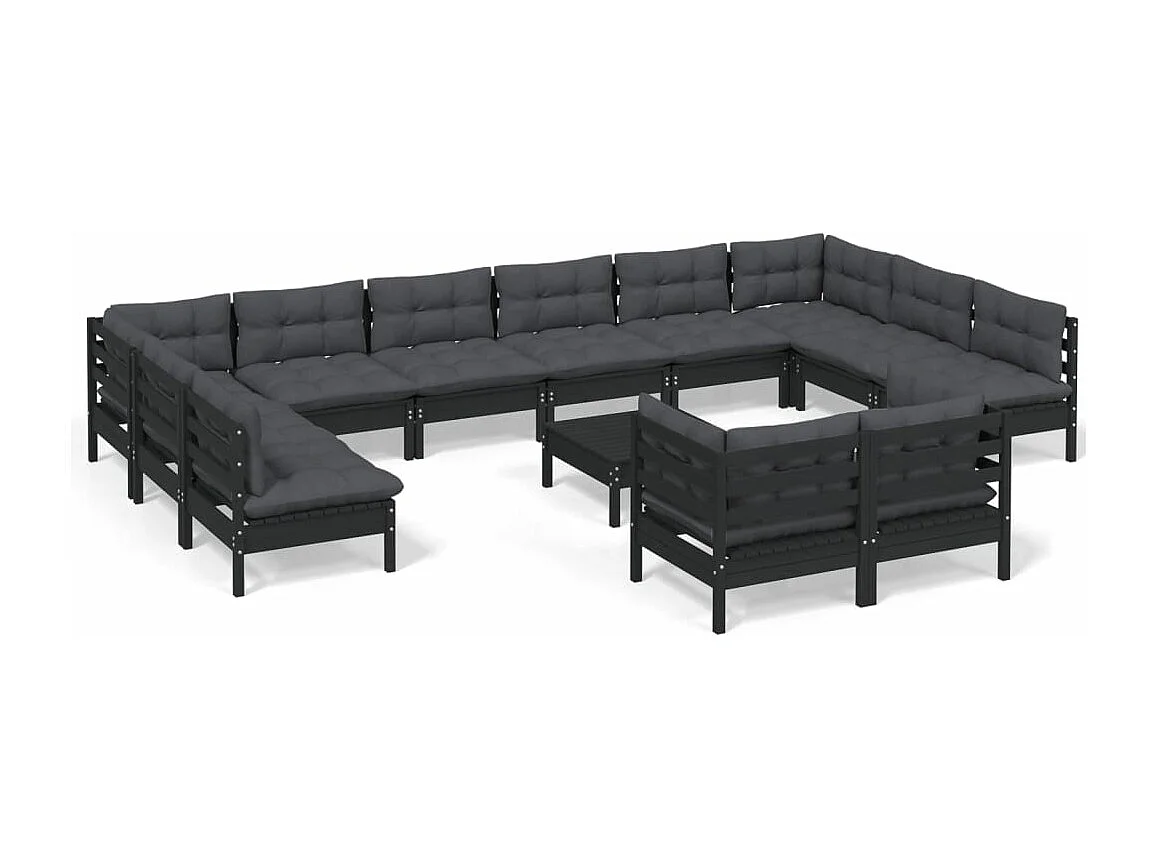 Salon de jardin 13 pièces avec coussins Noir Bois de pin
