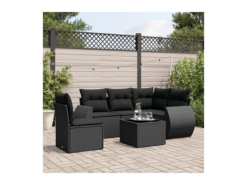 Set de sofás de jardín 6 piezas y cojines ratán sintético negro