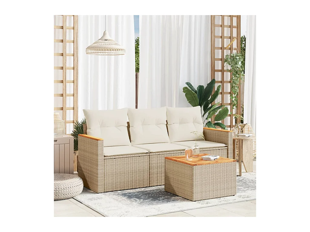 Salon de jardin avec coussins 4 pièces beige résine tressée