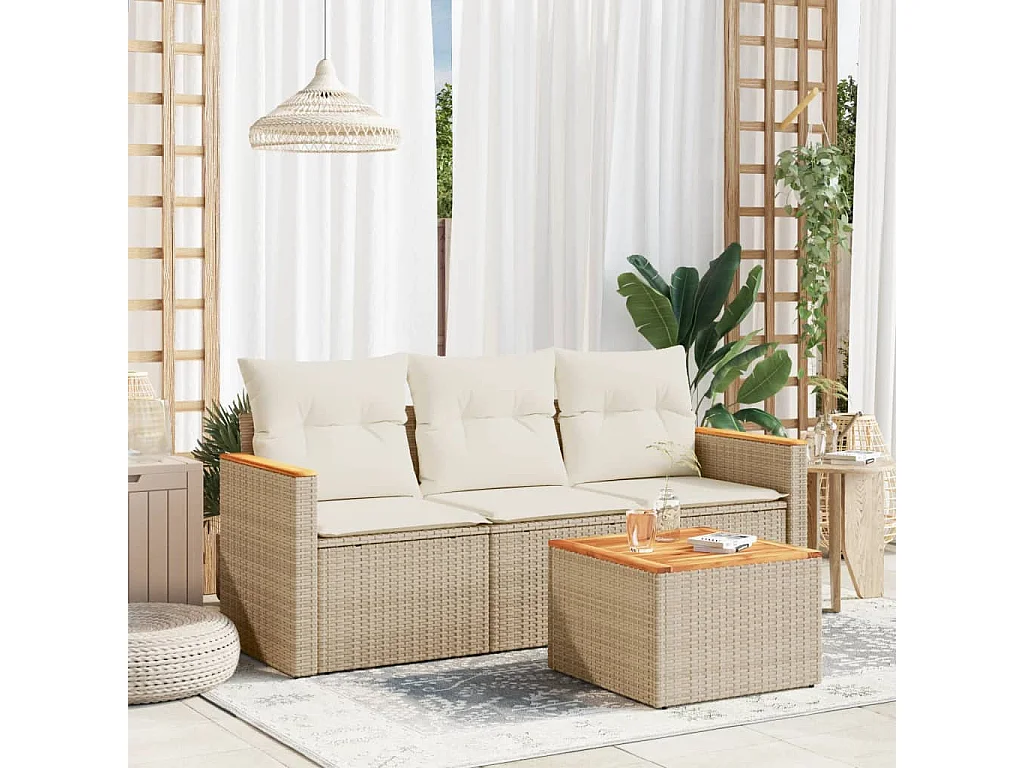 Salon de jardin avec coussins 4 pièces beige résine tressée