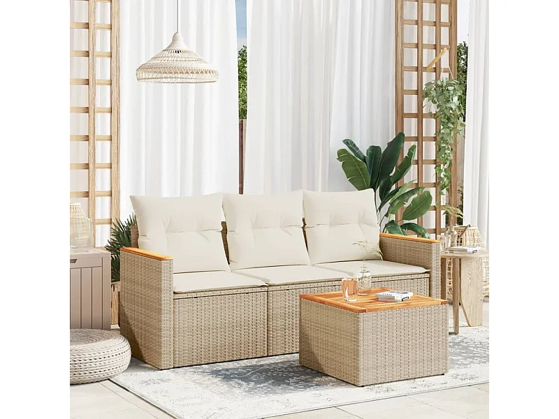 Salon de jardin avec coussins 4 pièces beige résine tressée