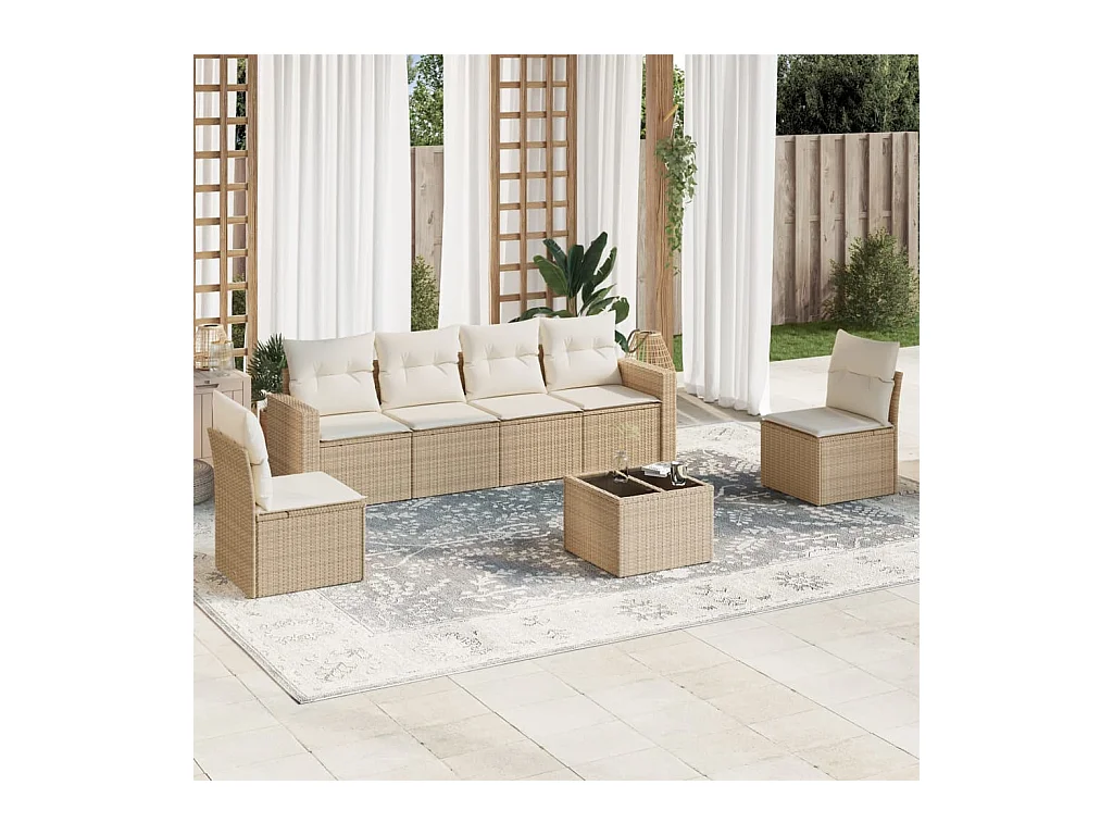 Set sofás de jardín 7 piezas y cojines ratán sintético beige