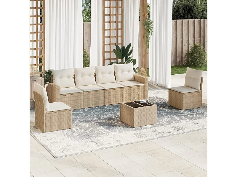 Salon de jardin avec coussins 7 pièces beige résine tressée