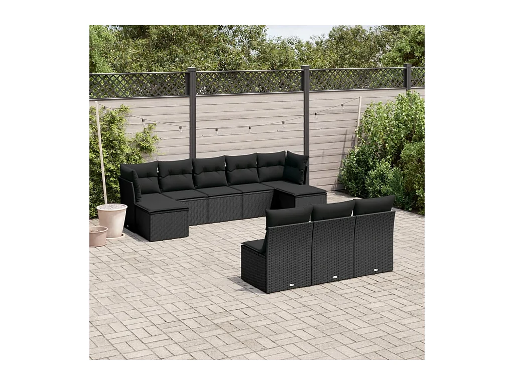Salon de jardin 10 pièces avec coussins noir résine tressée