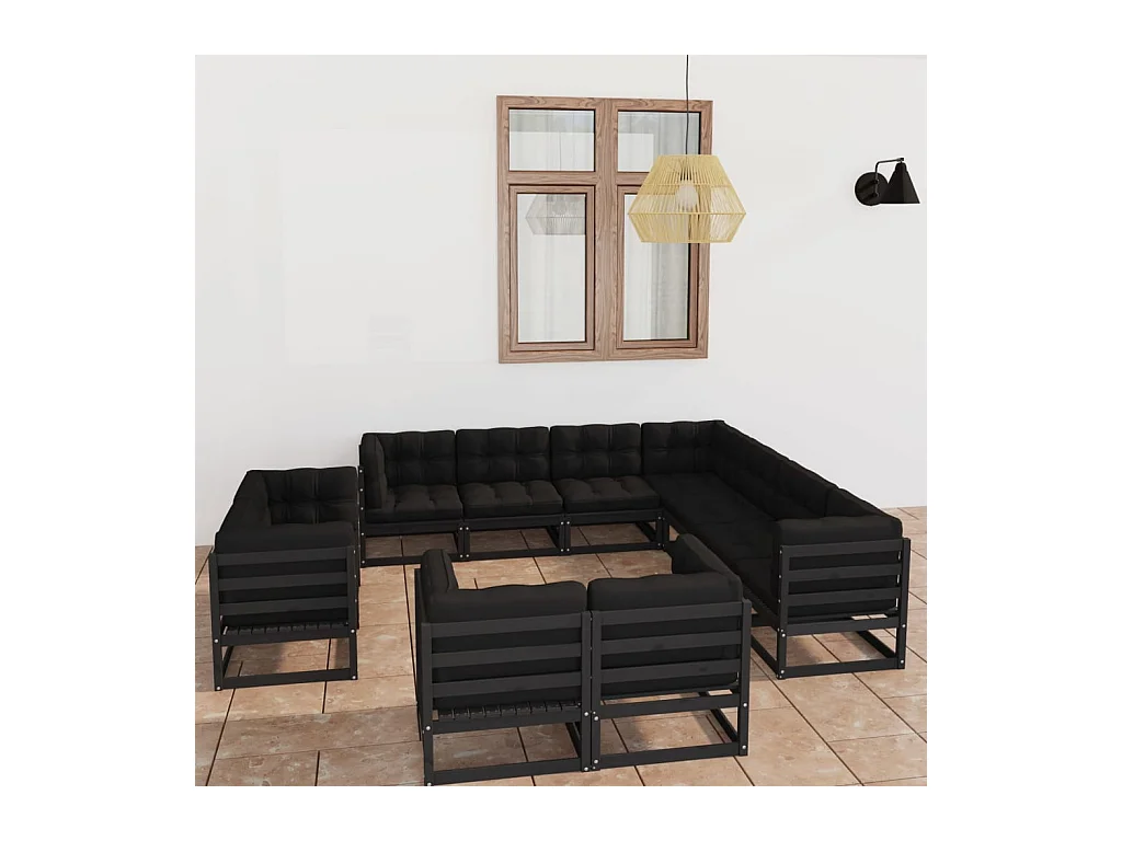 Set de muebles de jardín 11 piezas con cojines madera pino negro