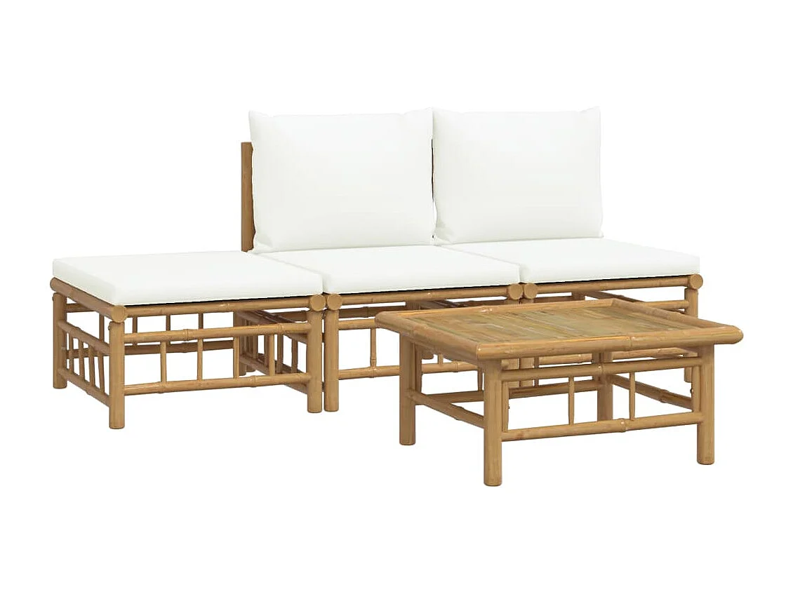 Salon de jardin 4 pièces avec coussins blanc crème bambou