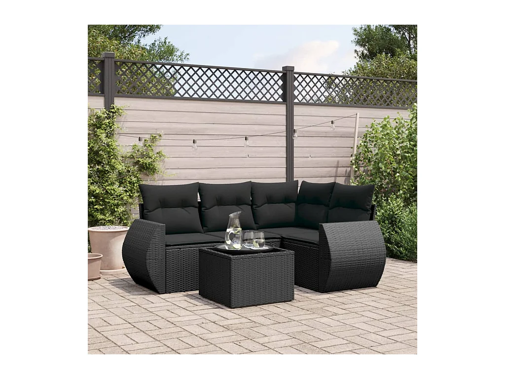 Salon de jardin 5 pièces avec coussins noir résine tressée