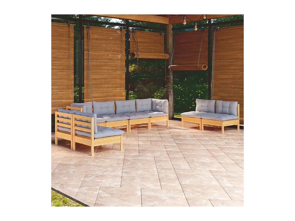 8 peças conjunto lounge de jardim + almofadões cinza pinho maciço