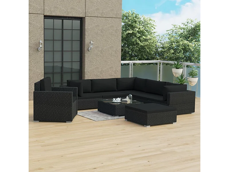 Set muebles de jardín 8 piezas y cojines ratán sintético negro