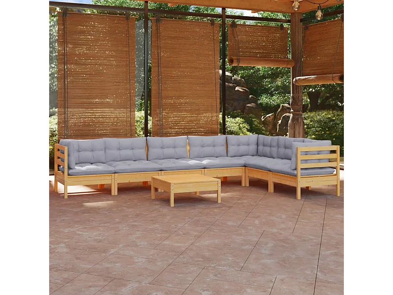 8 peças conjunto lounge de jardim + almofadões cinza pinho maciço