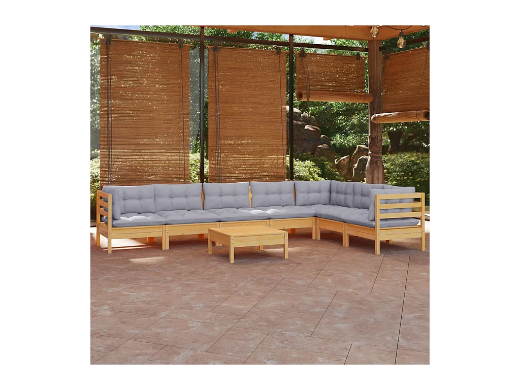 8 peças conjunto lounge de jardim + almofadões cinza pinho maciço