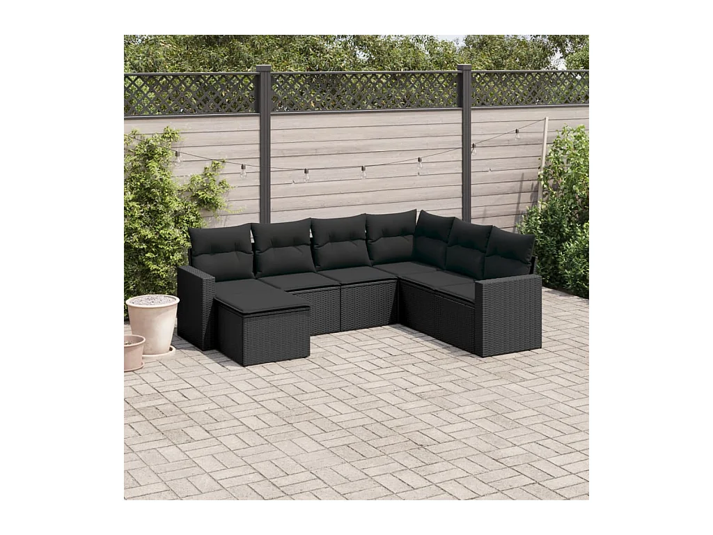 Salon de jardin 7 pièces avec coussins noir résine tressée
