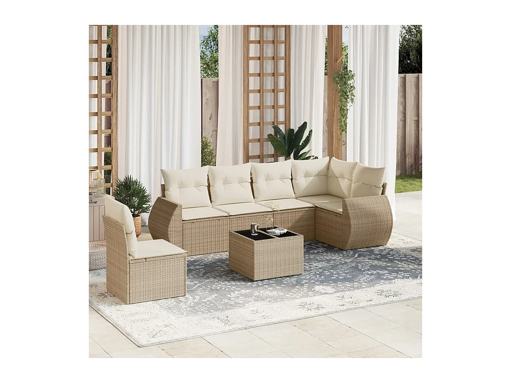 Set sofás de jardín 7 piezas y cojines ratán sintético beige