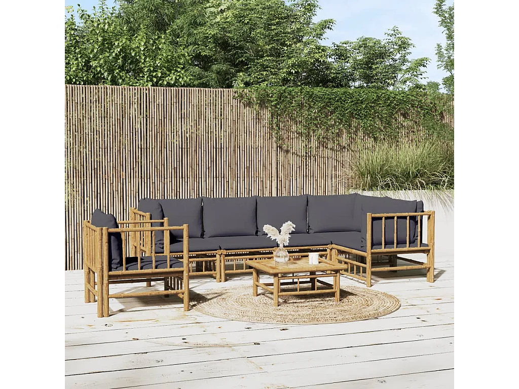 Salon de jardin 7 pièces avec coussins gris foncé bambou