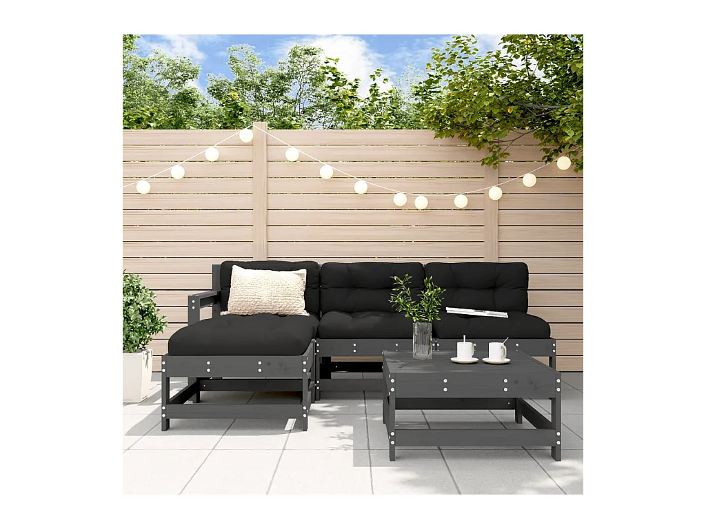 Salon de jardin 5 pièces avec coussins gris bois massif