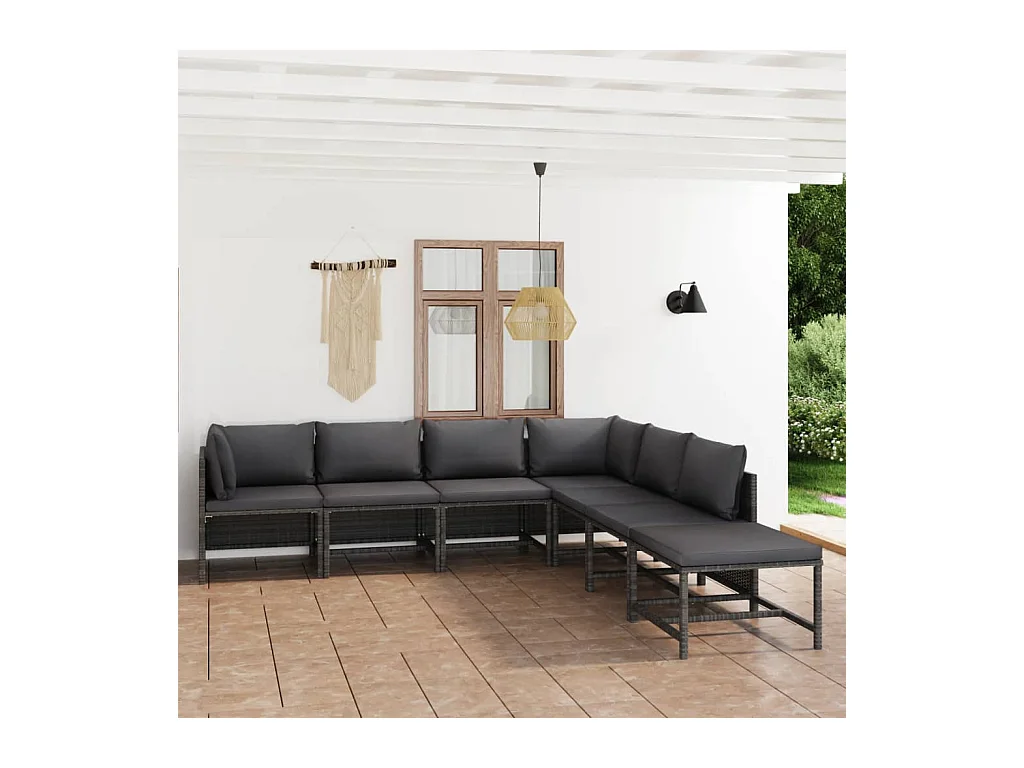 Salon de jardin 7 pièces avec coussins Résine tressée Gris