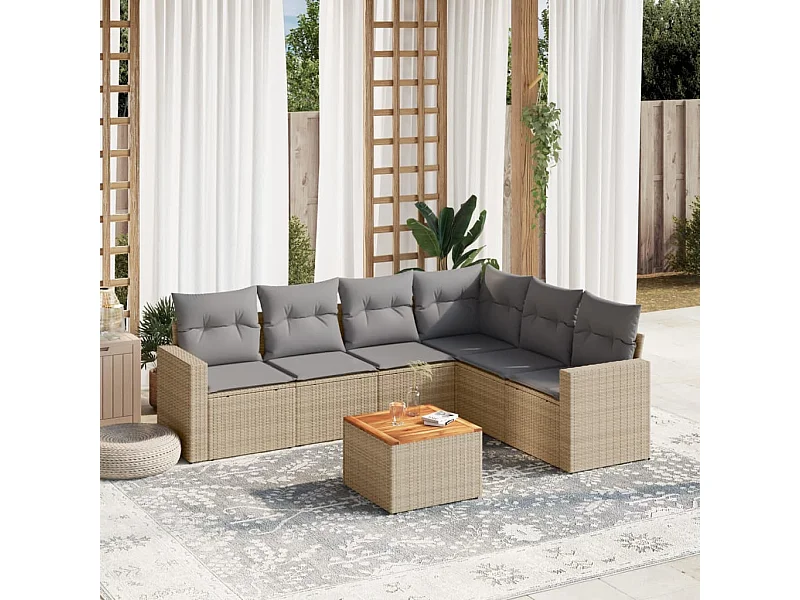 7-delige Loungeset met kussens poly rattan gemengd beige