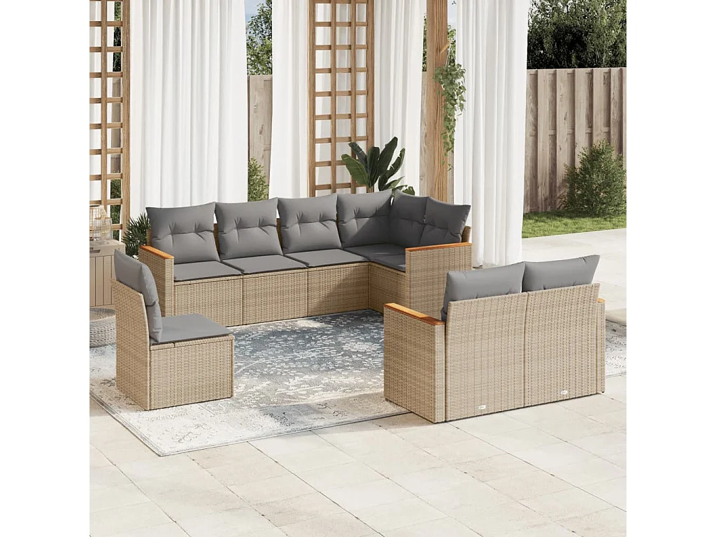 8-delige Loungeset met kussens poly rattan beige