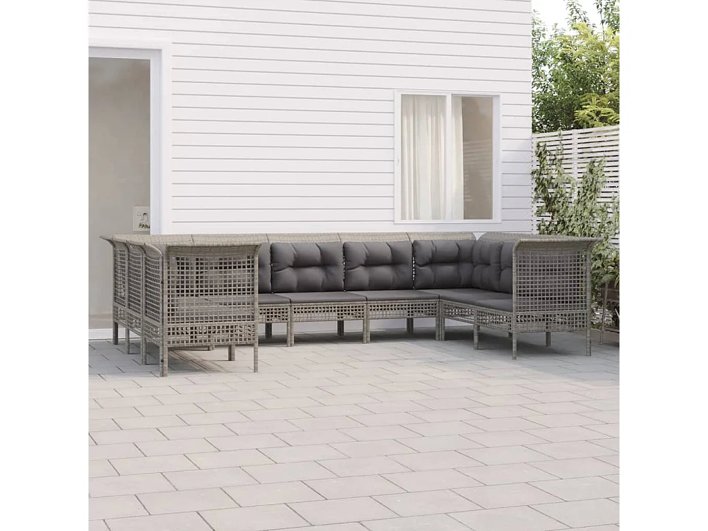 9 peças conjunto lounge de jardim c/ almofadões vime PE cinzento