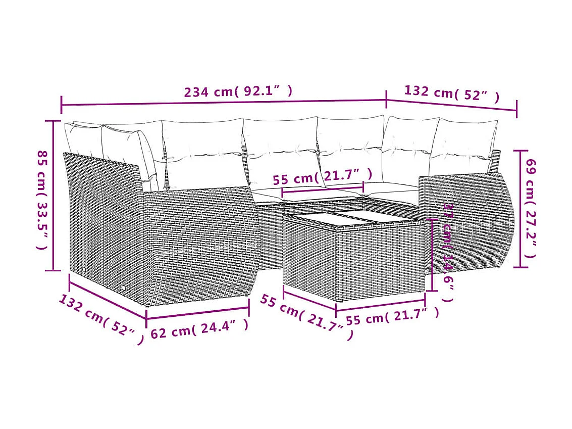 Set sofás de jardín 7 piezas y cojines ratán sintético beige