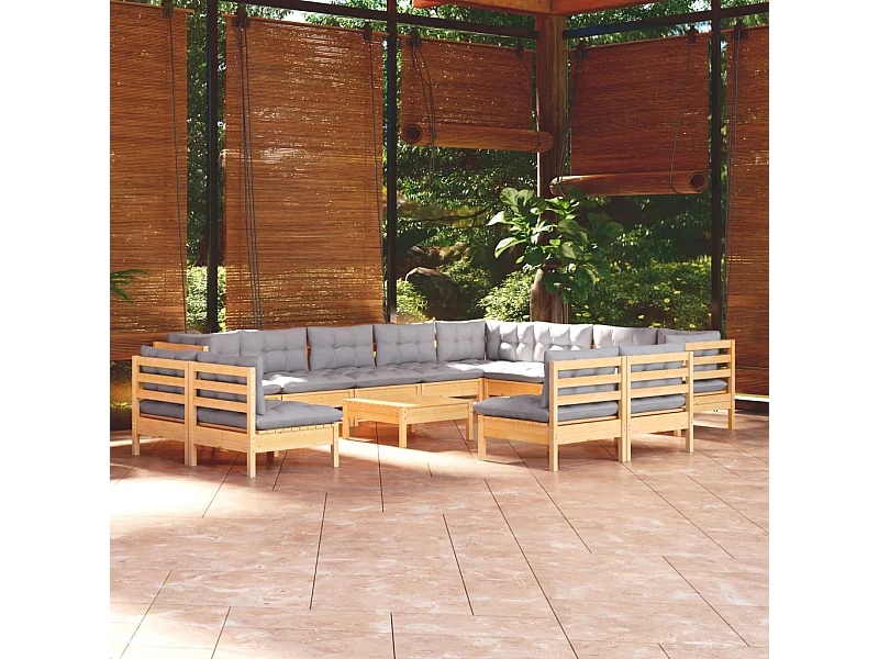 13peças conjunto lounge de jardim + almofadões cinza pinho maciço