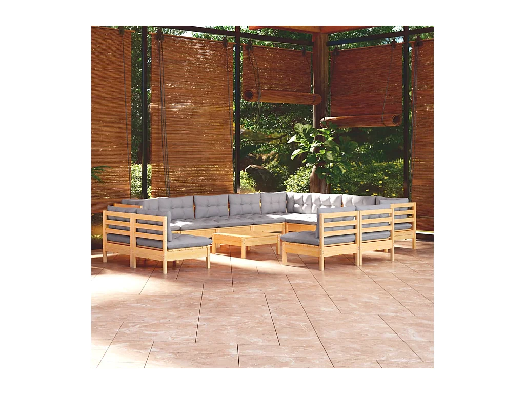Muebles de jardín 13 piezas y cojines gris madera maciza pino