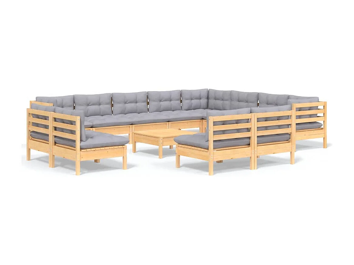 13-delige Loungeset met grijze kussens massief grenenhout