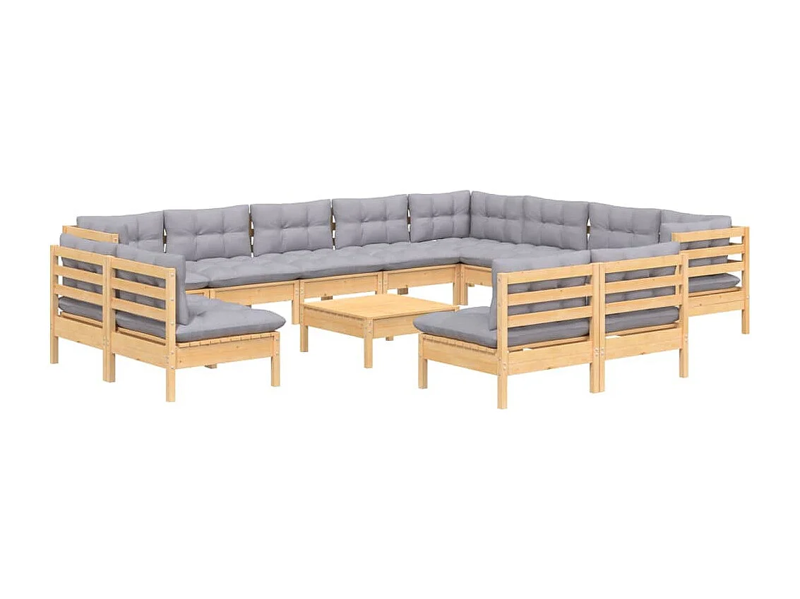 13-delige Loungeset met grijze kussens massief grenenhout