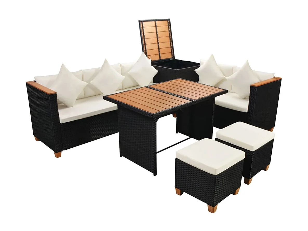 Salon de jardin 7 pièces avec coussins Résine tressée Noir