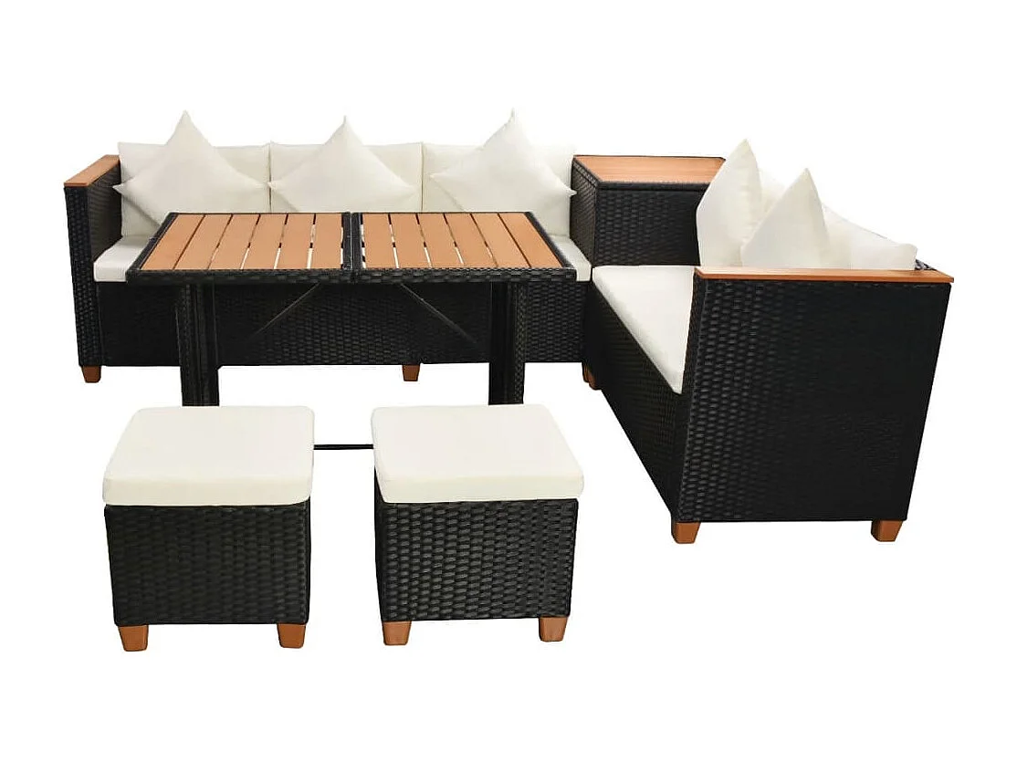 Salon de jardin 7 pièces avec coussins Résine tressée Noir