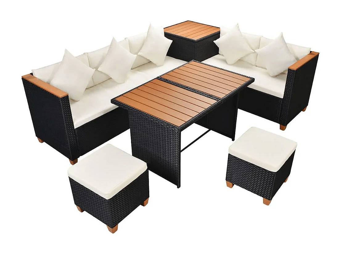 Salon de jardin 7 pièces avec coussins Résine tressée Noir