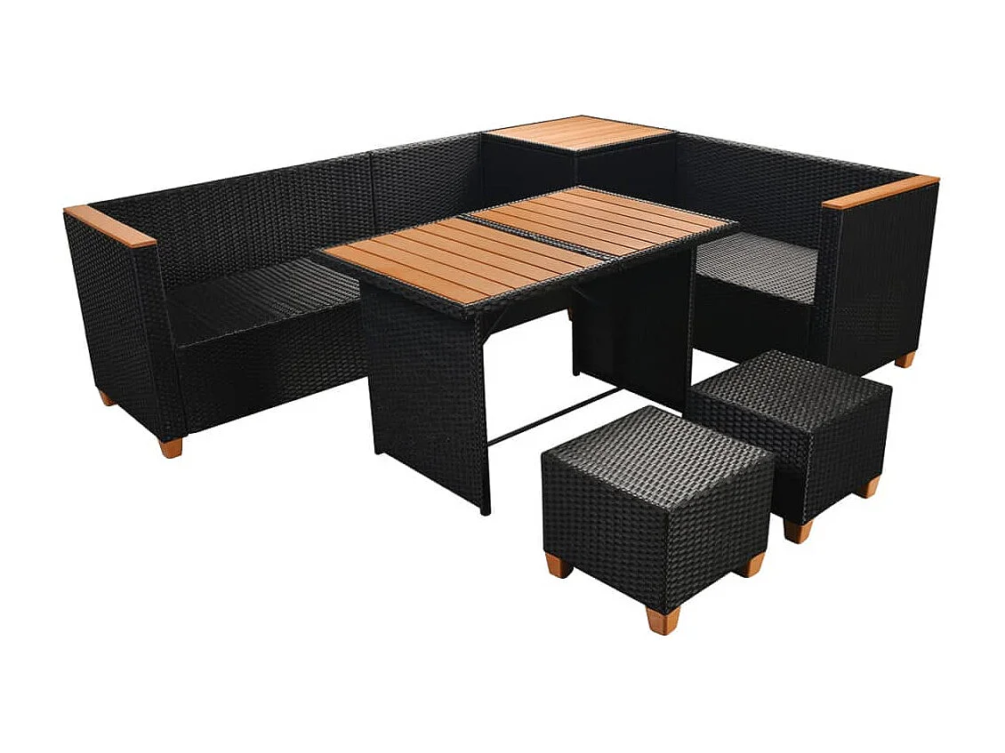 Salon de jardin 7 pièces avec coussins Résine tressée Noir