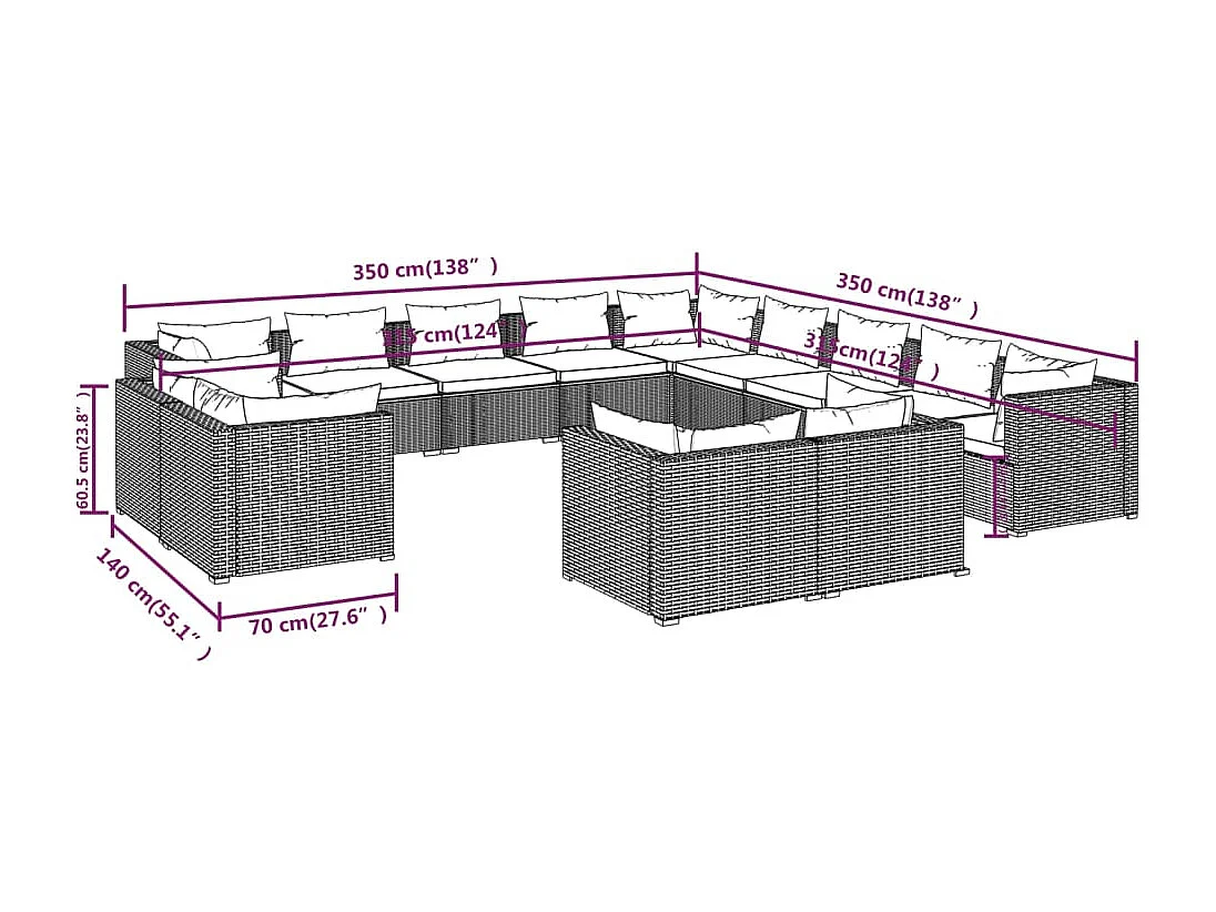 13-delige Loungeset met kussens poly rattan bruin