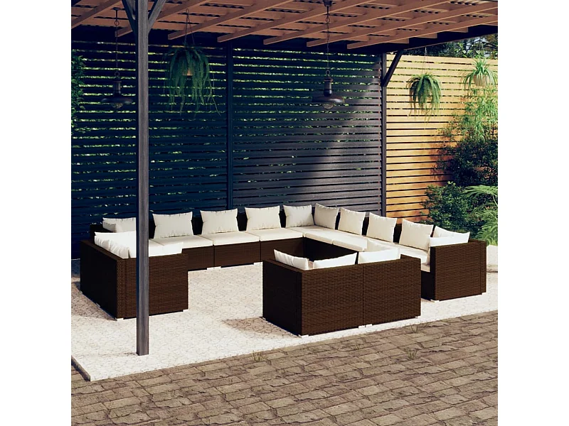 13-delige Loungeset met kussens poly rattan bruin
