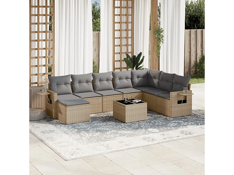 Salon de jardin avec coussins 9 pièces beige résine tressée