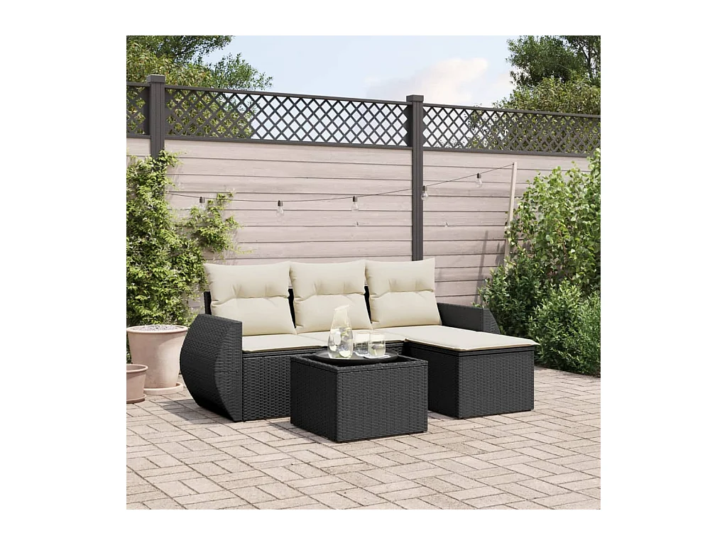 Salon de jardin 5 pièces avec coussins noir résine tressée