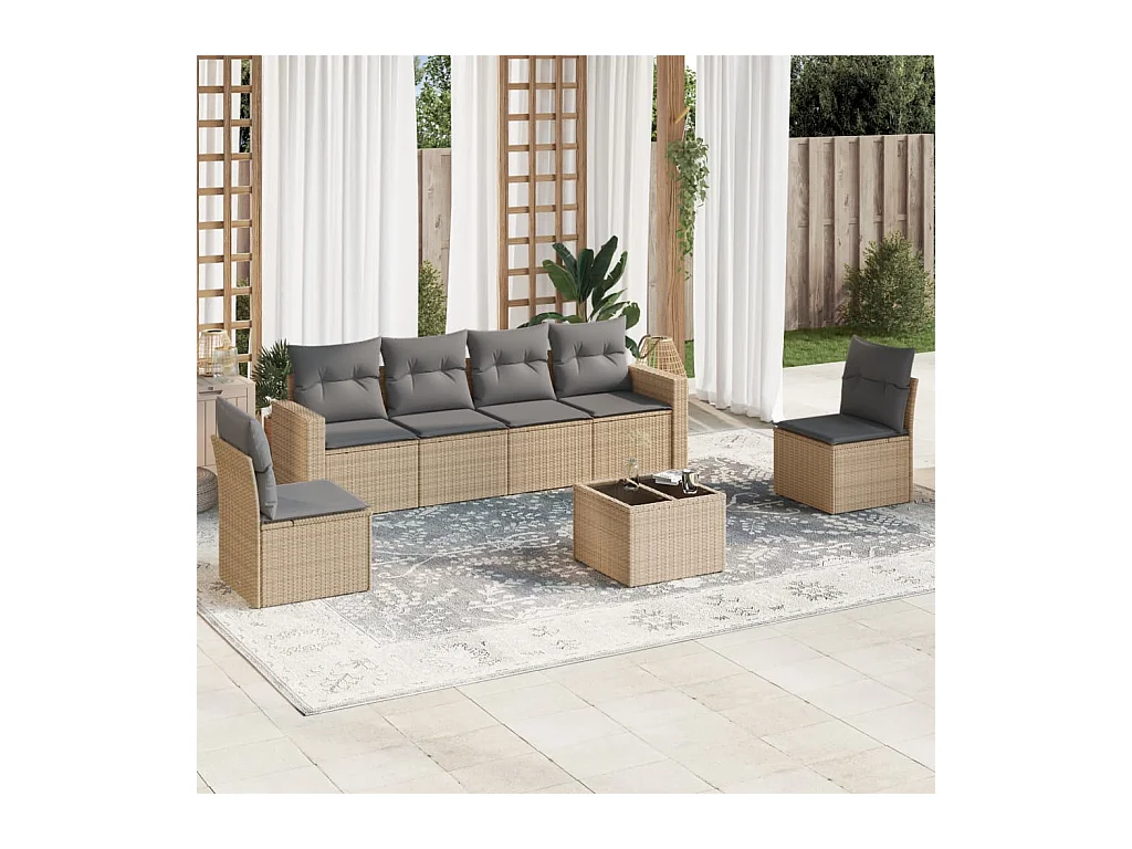 7-delige Loungeset met kussens poly rattan beige