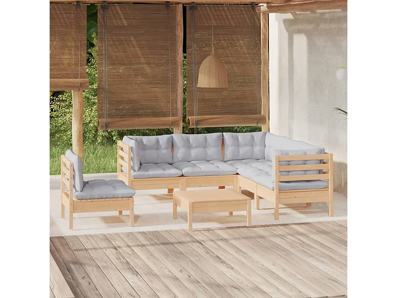Salon de jardin 6 pièces avec coussins gris Bois de pin