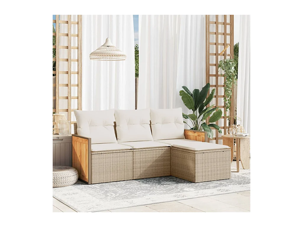 4 peças conjunto de sofás para jardim c/ almofadões vime PE bege